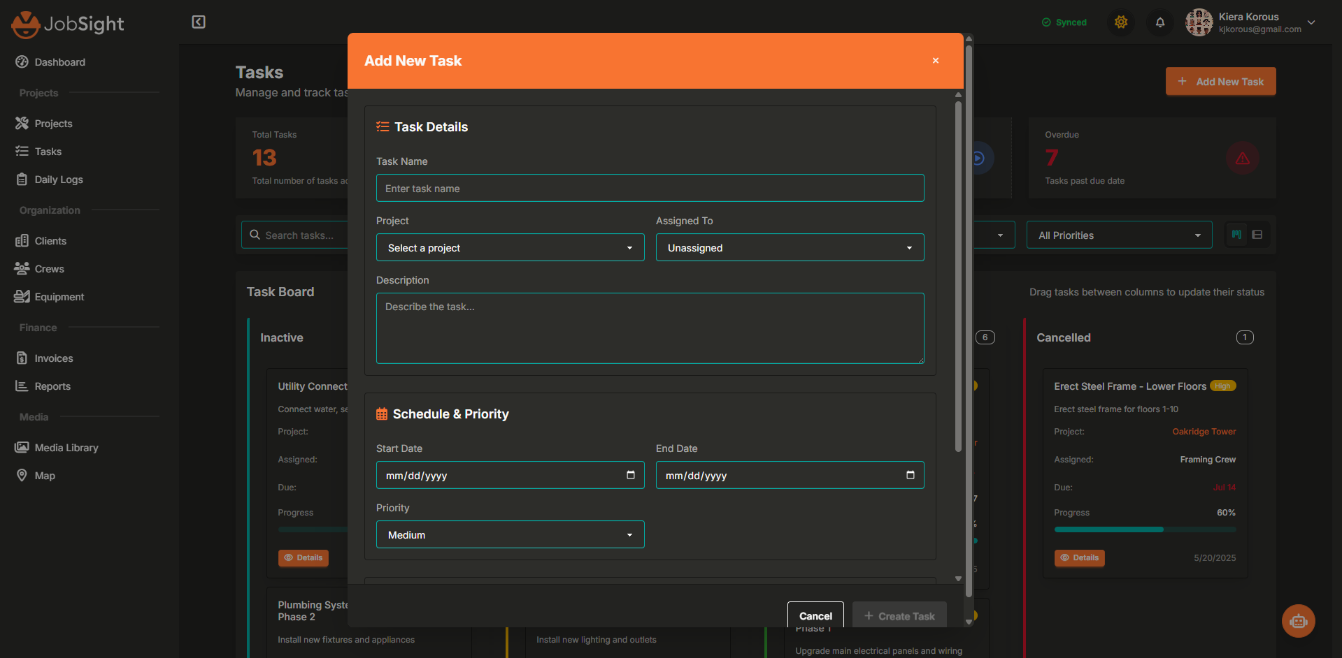 JobSight Add New Task Modal showing comprehensive task creation form with task details, scheduling, and priority settings