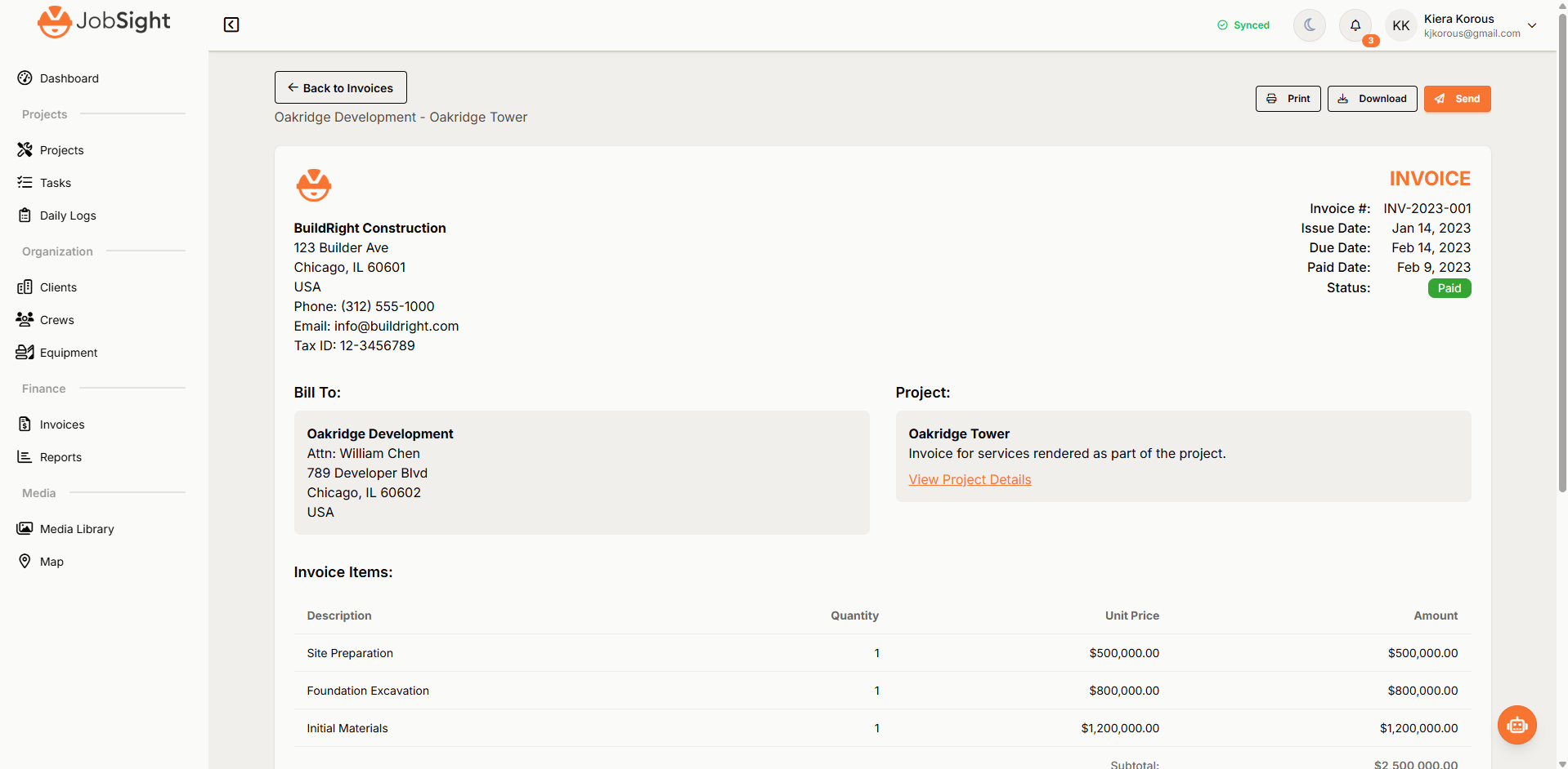JobSight Professional Invoice showing automated billing with company branding and detailed line items