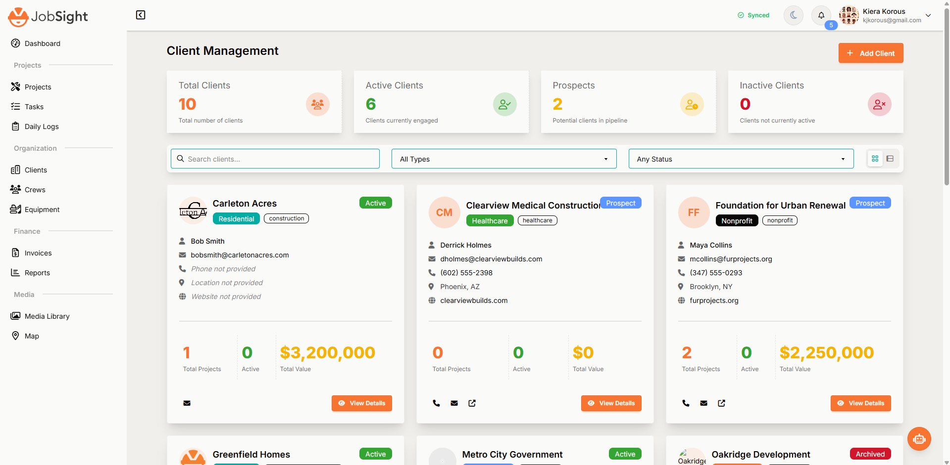 JobSight Client Management Dashboard showing client cards with contact information, project metrics, and comprehensive relationship tracking