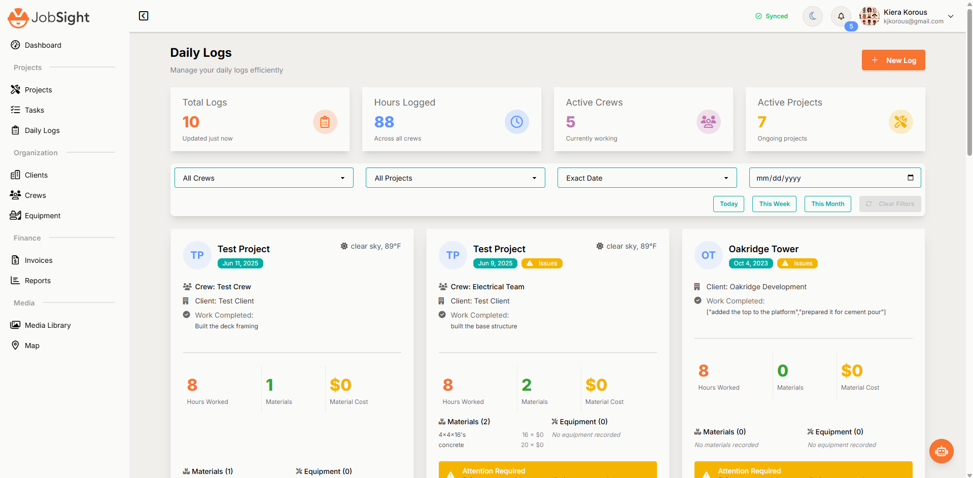 JobSight Daily Logs Dashboard showing advanced filtering options, log statistics, and detailed log entries with material and equipment tracking