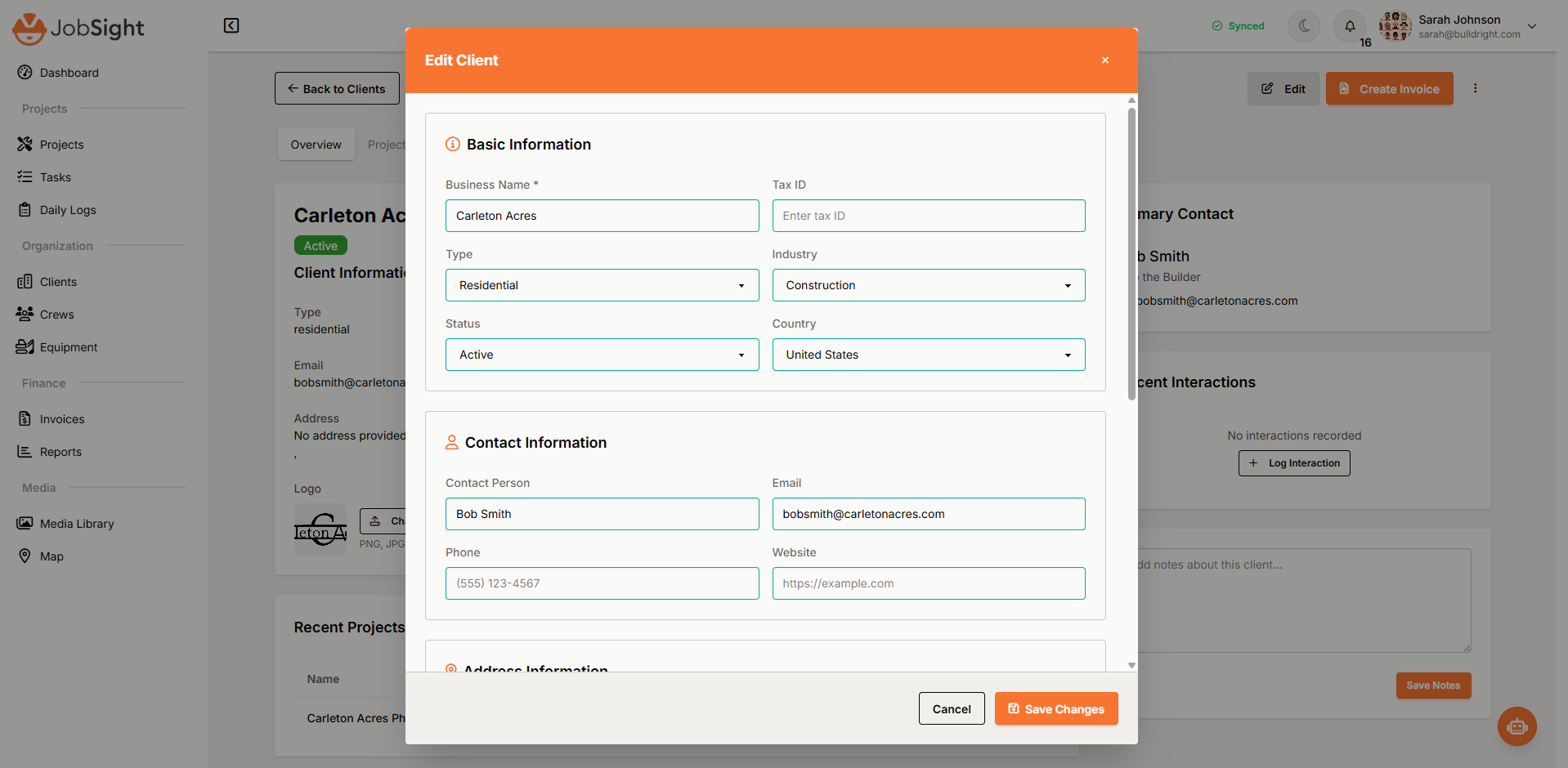 JobSight Client Editing Modal showing comprehensive client management form with business information, contact details, and address information
