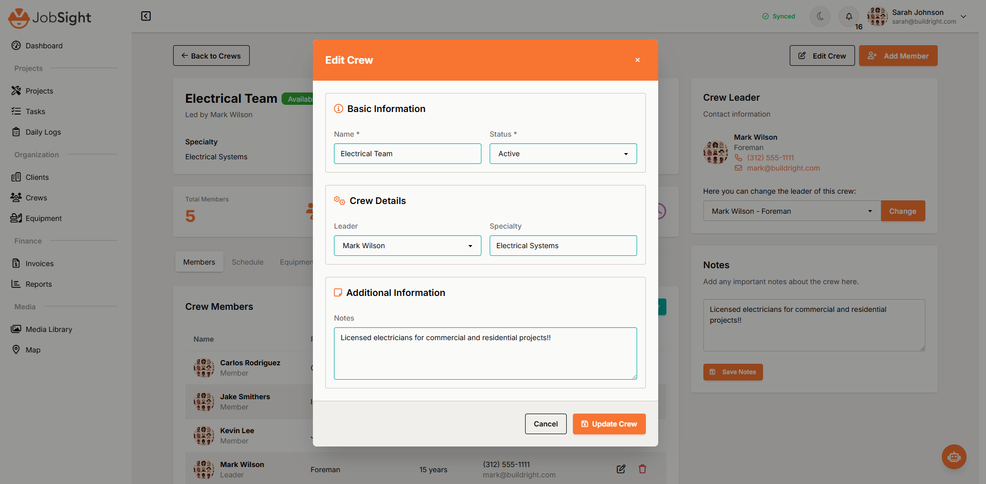 JobSight Crew Editing Modal showing comprehensive crew management form with basic information, crew details, leader assignment, and additional information