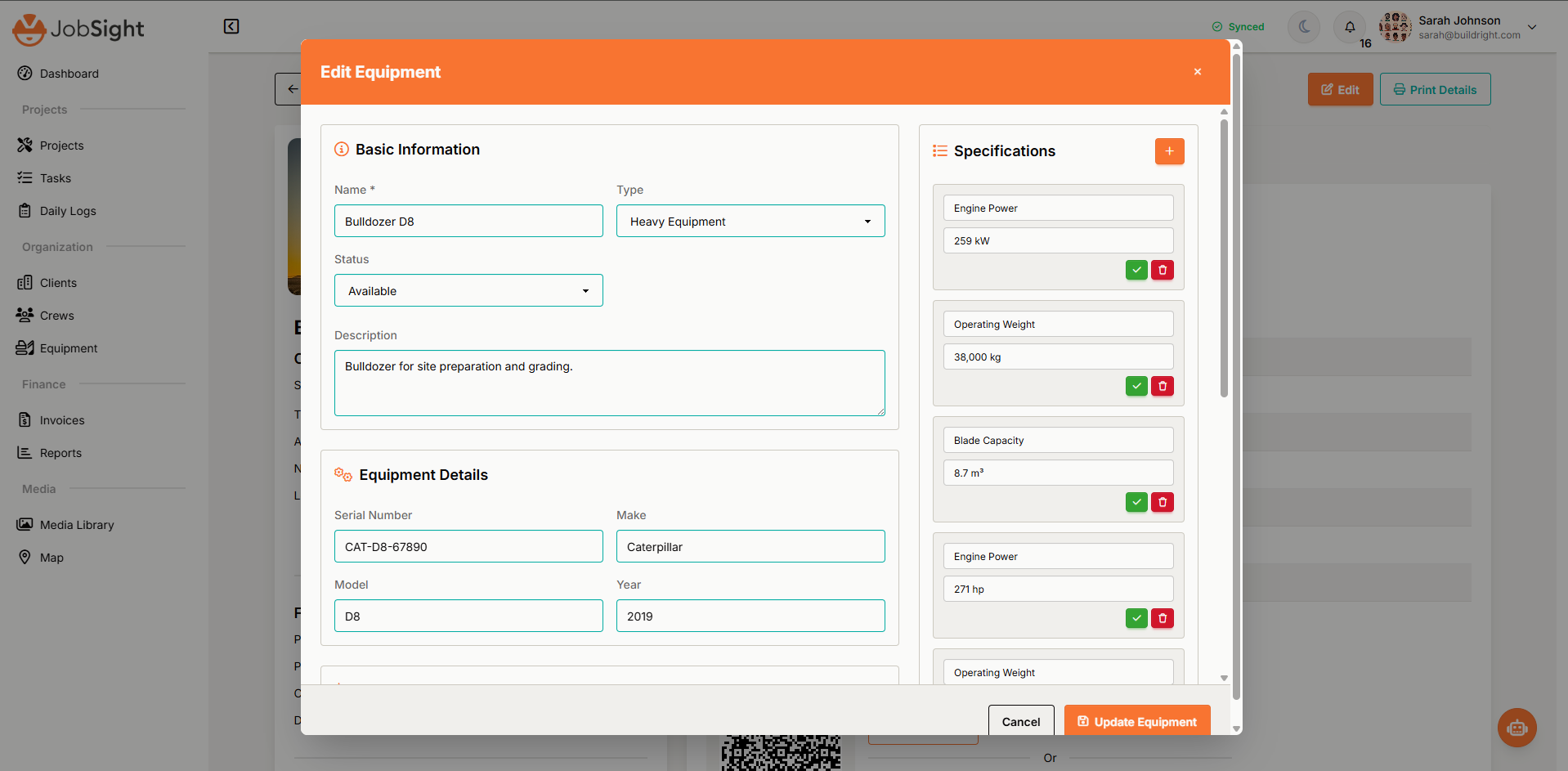 JobSight Equipment Editing Modal showing comprehensive equipment management form with basic information, equipment details, specifications, and maintenance tracking
