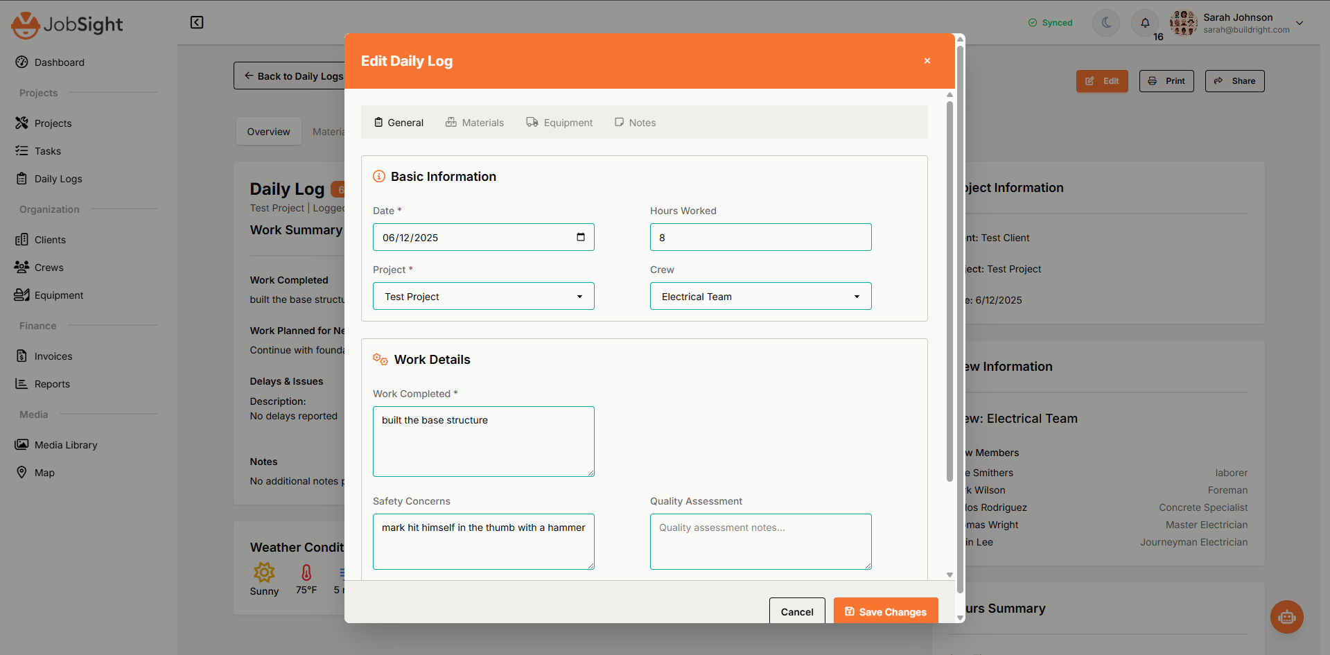 JobSight Daily Log Editing Modal showing comprehensive log entry form with work details, safety concerns, quality assessment, and tabbed interface
