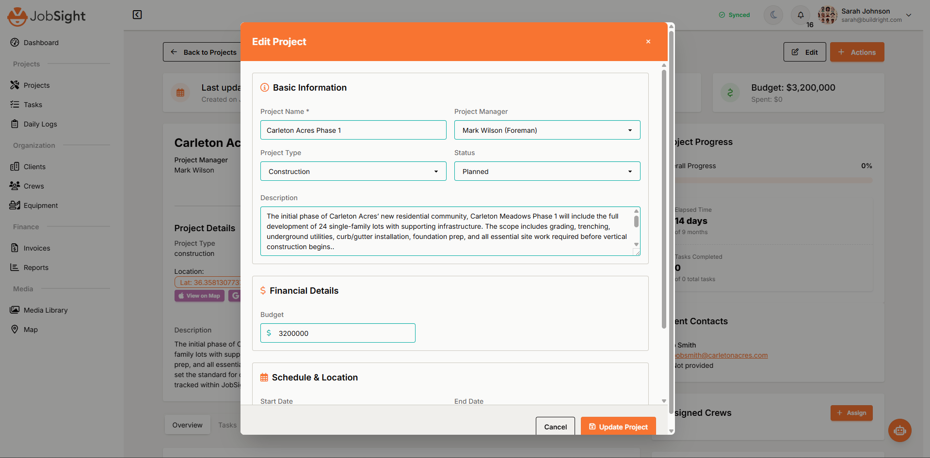JobSight Project Editing Modal showing comprehensive project setup form with basic information, financial details, schedule, and location management