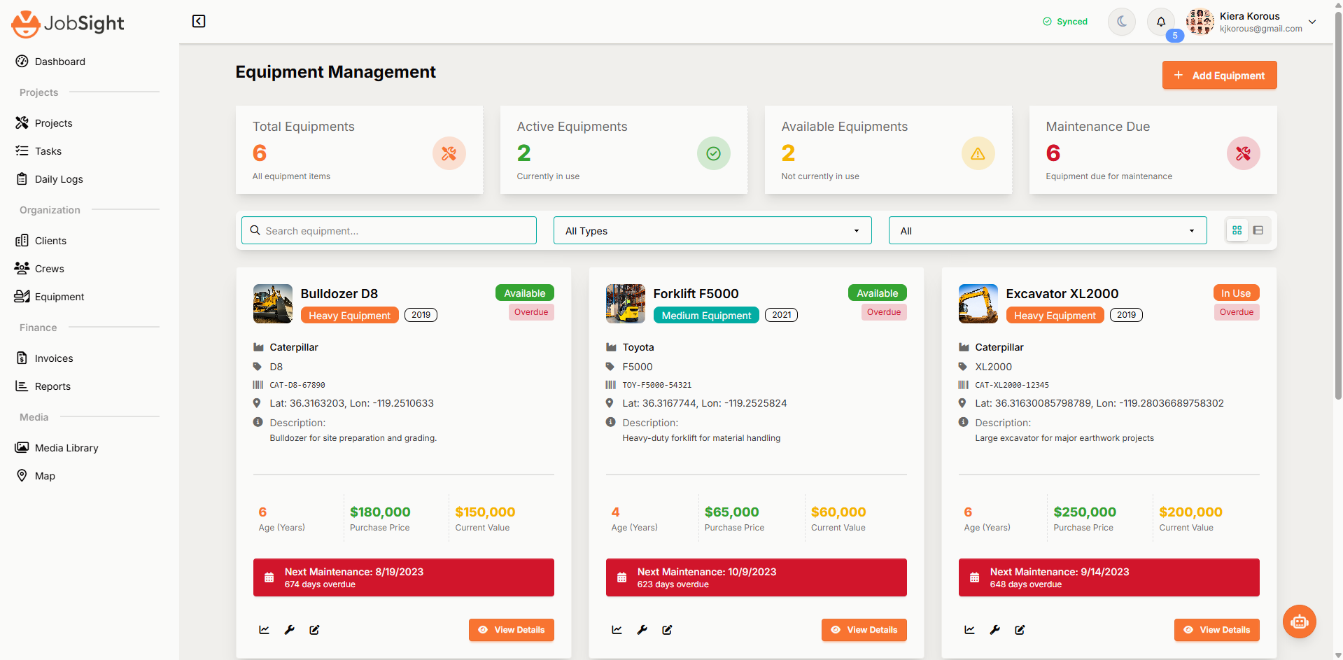 JobSight Equipment Management Grid View showing equipment cards with detailed information, pricing, maintenance schedules, and visual status indicators
