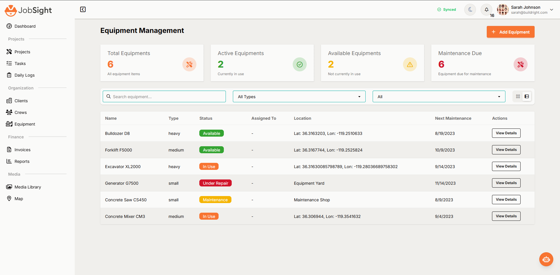 JobSight Equipment Management Table View showing detailed equipment list with status, location, maintenance information, and action buttons