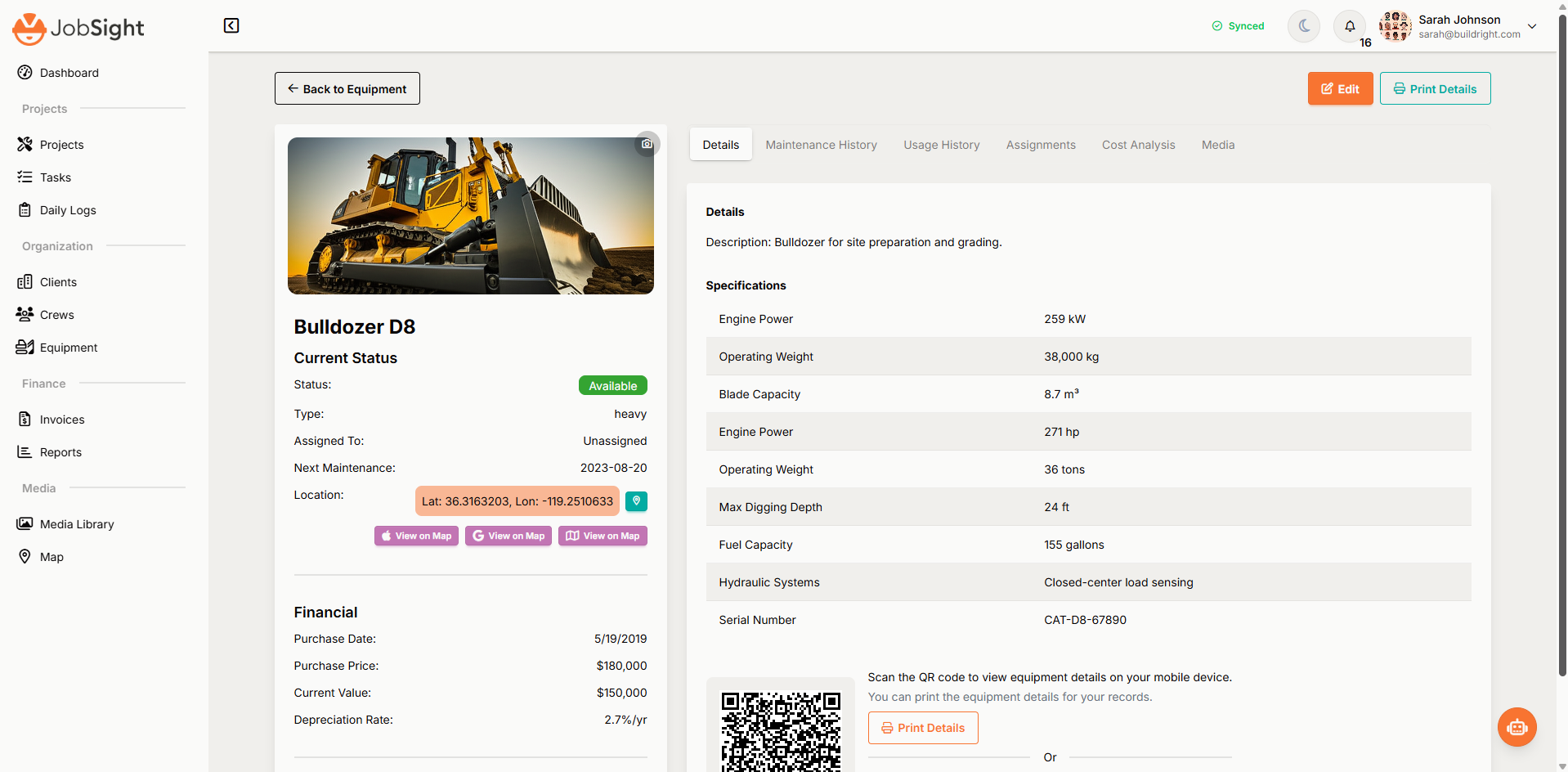 JobSight Equipment Detail View showing comprehensive equipment information, specifications, maintenance tracking, and QR code integration