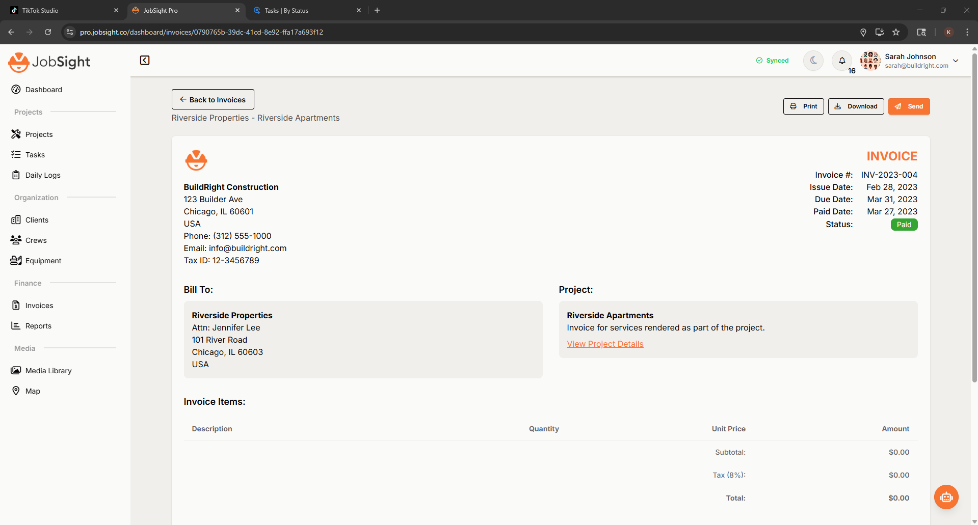 JobSight Professional Invoice showing automated billing with company branding, detailed line items, and comprehensive billing information