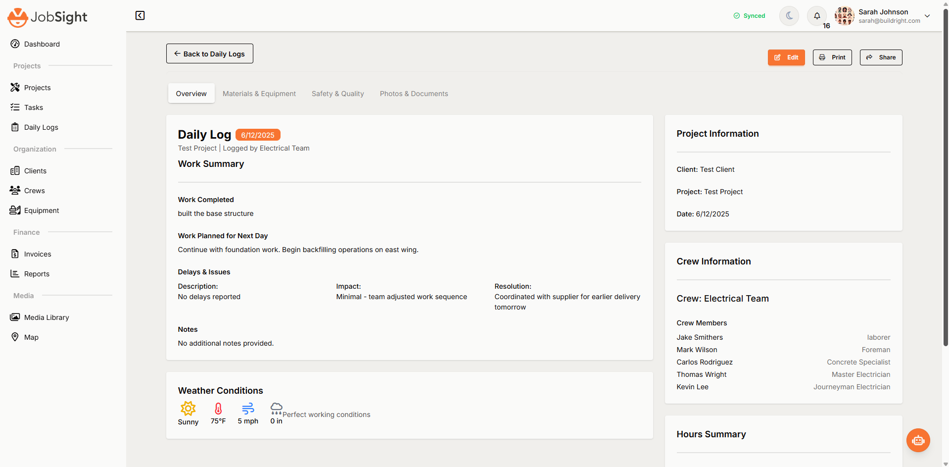 JobSight Daily Logs interface showing comprehensive work tracking, weather conditions, and AI-powered logging