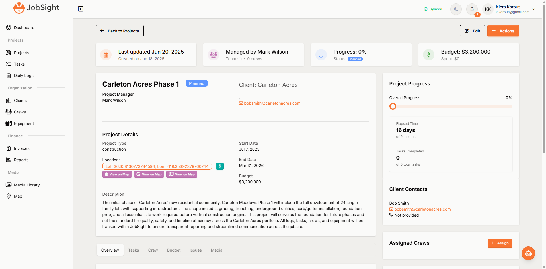 JobSight Project Management interface showing comprehensive project details, progress tracking, and client information