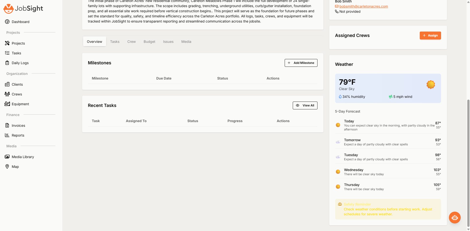 JobSight Project Overview showing milestones, recent tasks, weather forecasting, and safety reminders with comprehensive project coordination