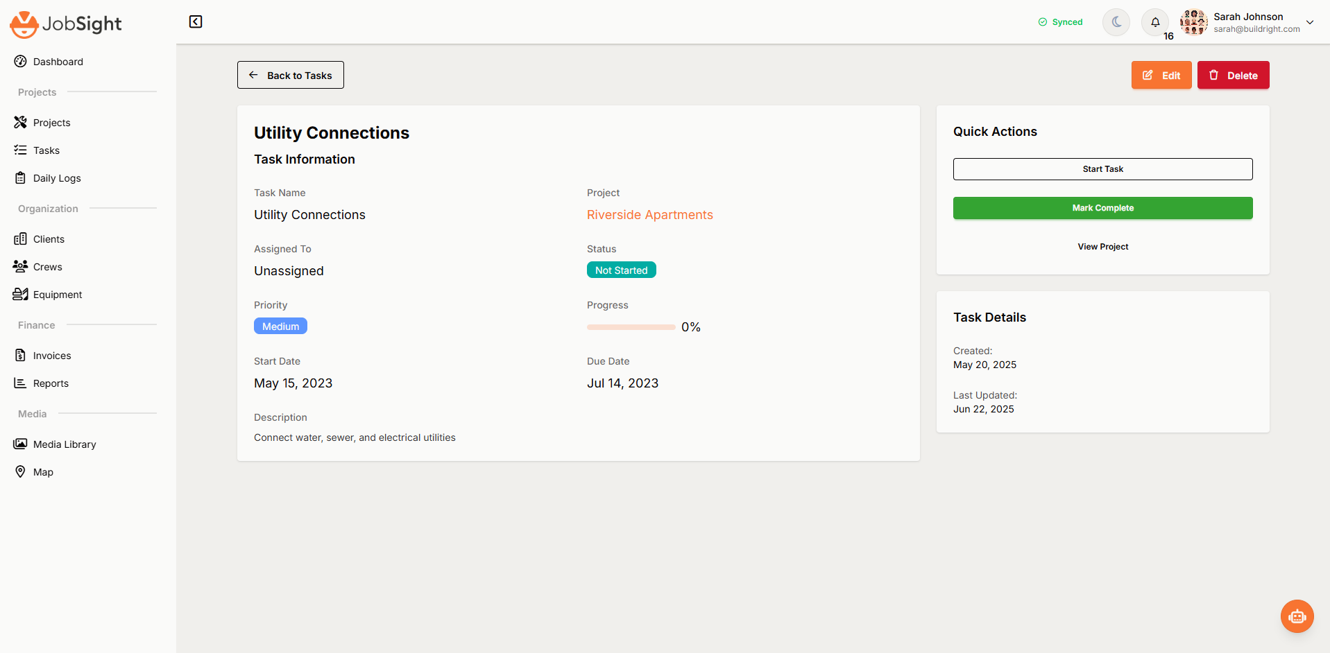 JobSight Task Management interface showing detailed task information, assignment tracking, and quick action capabilities