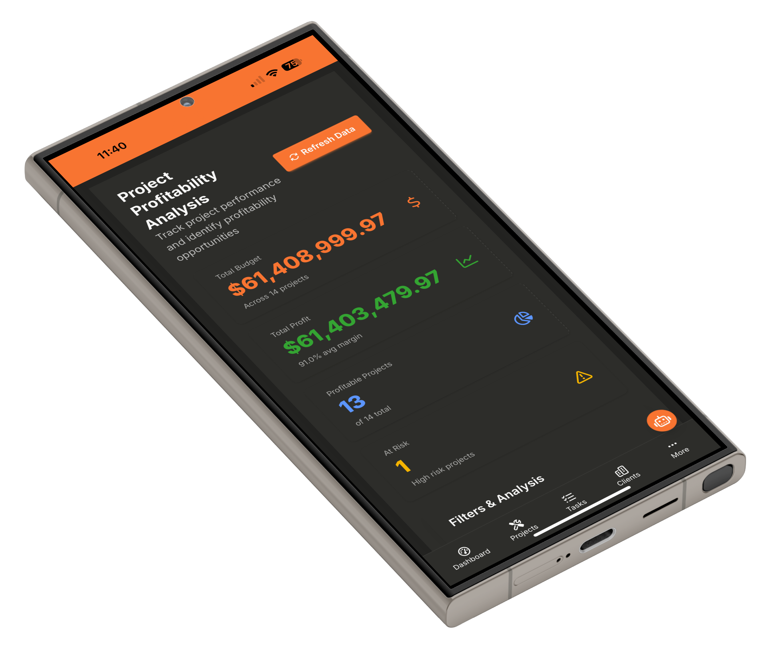 JobSight Project Profitability Analysis - Real-time financial insights showing $61M+ budget and profit tracking